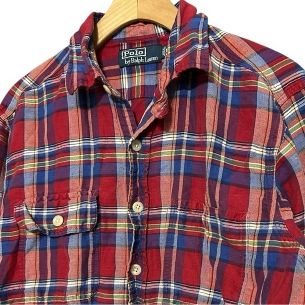 Polo Ralph Lauren Vintage Men’s Size M Red Blue Flannel Plaid Button Down Shirt - Picture 2 of 6